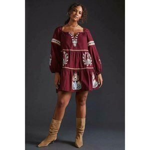NWT Anthropologie Let Me Be Embroidered Tunic Dress 1X HTF $170 Red Puff Sleeve